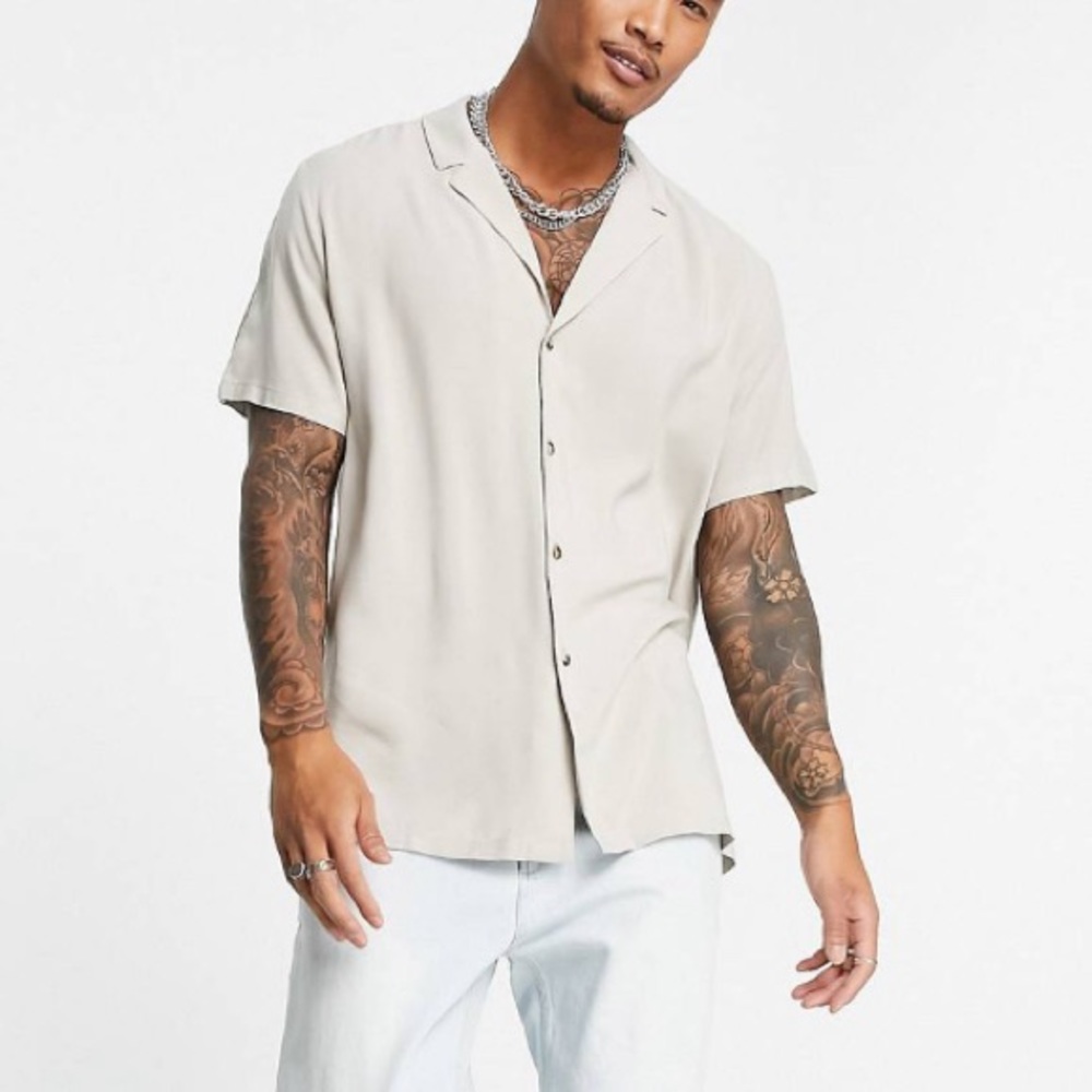 ASOS Relaxed Viscose Camp Shirt Medium Long Stone